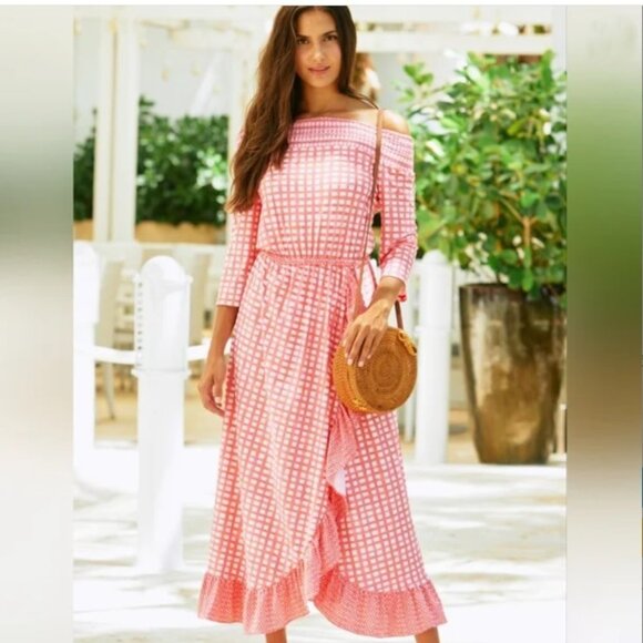 CABANA LIFE Nantucket Off Shoulder Midi Dress Size L (10-12) UPF 50 Coral White - Picture 1 of 8